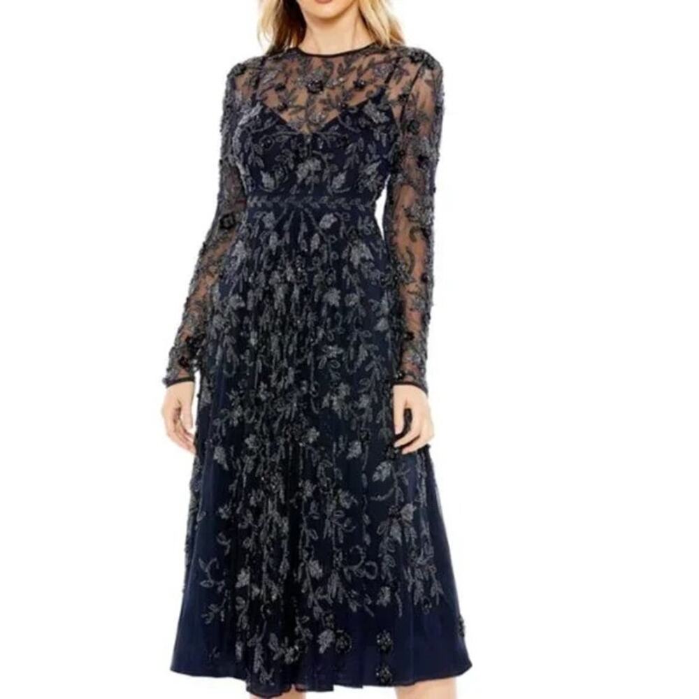 Mac Duggal 10799 Beaded Illusion A-Line‎ Dress Women Size 4 Navy Blue NEW